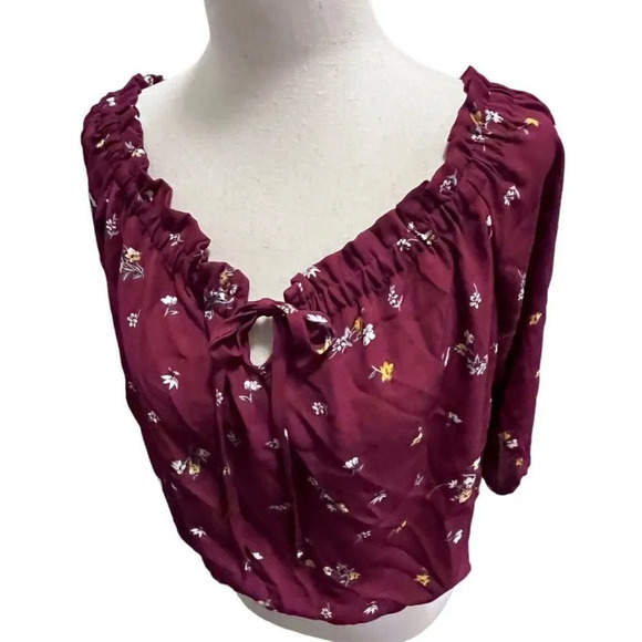 Papermoon Womens Wine Floral Flowy Crop Top Blouse Size Large Ties 3/4 Sleeves - Picture 5 of 10